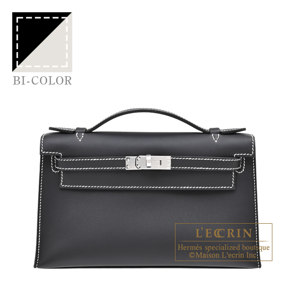 Hermes　Personal Kelly pochette　Black/Pearl grey　Swift leather　Silver hardware　White stitch