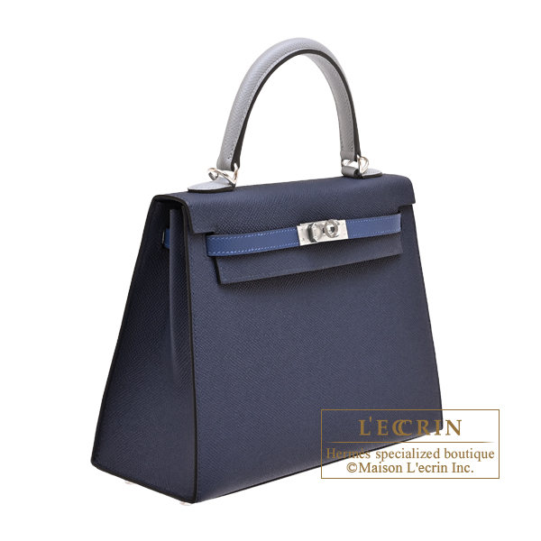 Hermes Kelly Tricolore bag 25 Sellier Blue abysse/Blue tie/Gris pantin Epsom leather Silver hardware