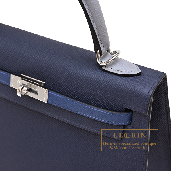 Hermes Kelly Tricolore bag 25 Sellier Blue abysse/Blue tie/Gris pantin Epsom leather Silver hardware