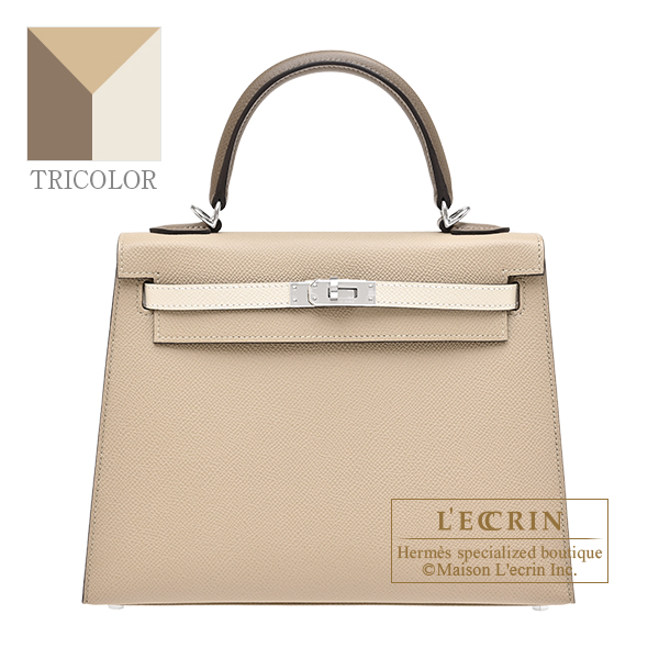 Hermes　Kelly Tricolore bag 25　Sellier　Trench/Craie/Etoupe grey　Epsom leather　Silver hardware