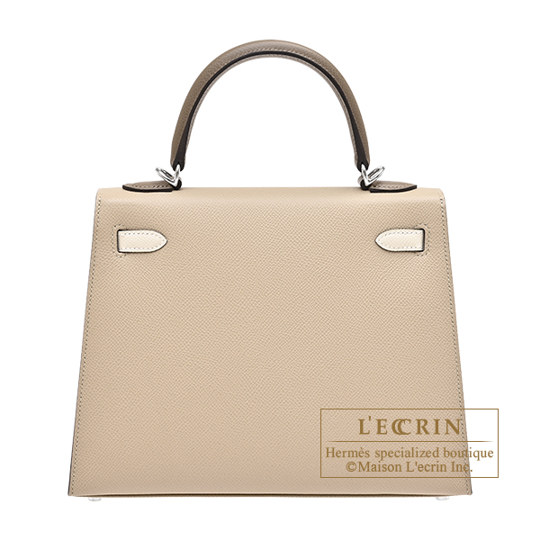 Hermes Kelly Tricolore bag 25 Sellier Trench/Craie/Etoupe grey Epsom leather Silver hardware
