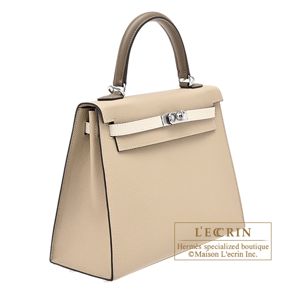 Hermes Kelly Tricolore bag 25 Sellier Trench/Craie/Etoupe grey Epsom leather Silver hardware