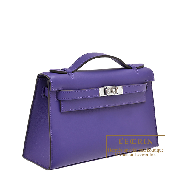 Hermes Kelly pochette Purple Swift leather Silver hardware