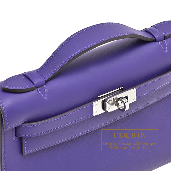 Hermes Kelly pochette Purple Swift leather Silver hardware