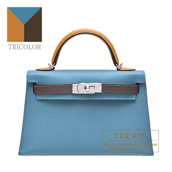 Hermes Kelly bag mini Tricolore Sellier Blue jean/Ecorce/Sesame Epsom leather Silver hardware