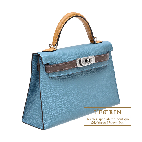 Hermes Kelly bag mini Tricolore Sellier Blue jean/Ecorce/Sesame Epsom leather Silver hardware