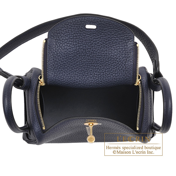 Hermes Lindy bag mini Blue nuit Clemence leather Gold hardware