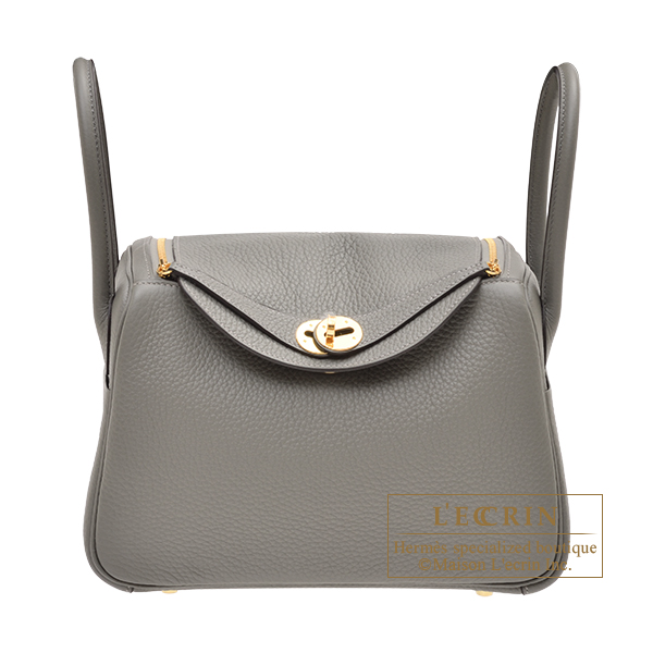 Authentic Hermes 2022 Gris Meyer Mini Lindy 20 Clemence Gold Hardware