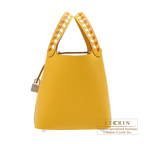 Hermes Picotin Lock Tressage De Cuir bag PM Jaune ambre/ Brique/White Epsom  leather Silver hardware