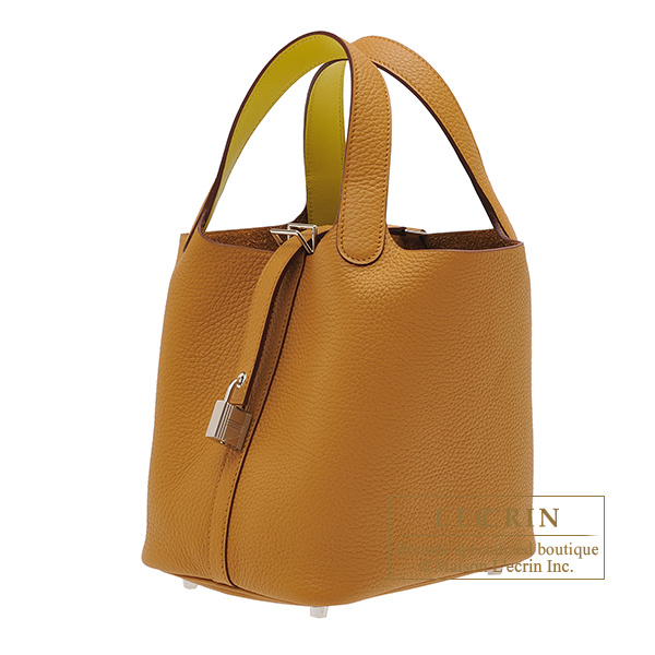 Hermes Picotin 18 Casaque Bag Lime / Nata Bi-Color Tote Clemence