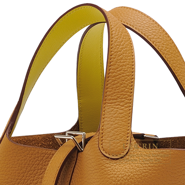 Hermes Picotin 18 Casaque Bag Lime / Nata Bi-Color Tote Clemence