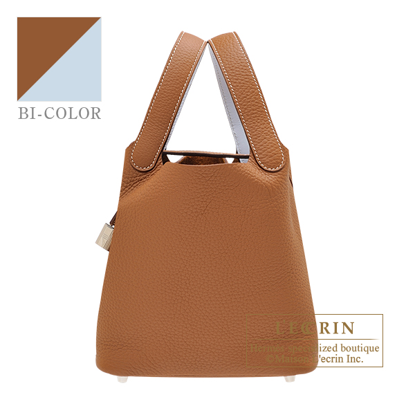 Hermes Picotin Lock Eclat bag PM Gold/ Blue brume Clemence leather/ Swift  leather Silver hardware