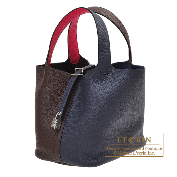 Hermes Picotin Lock casaque 2 bag MM Blue nuit/ Rouge sellier/ Framboise  Clemence leather Silver hardware