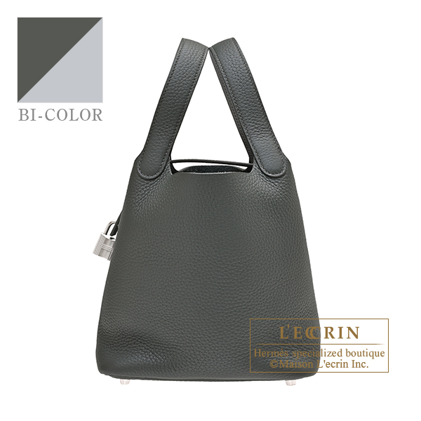 Hermes　Picotin Lock　Eclat bag 18/PM　Vert mangrove/　Gris pantin　Clemence leather/　Swift leather　Silver hardware