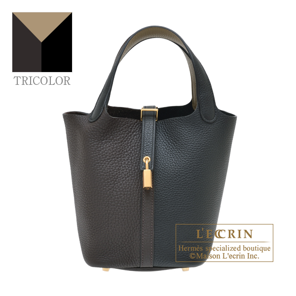 Hermes　Picotin Lock casaque 2 bag 18/PM　Black/　Macassar/　Beige marfa　Clemence leather　Gold hardware