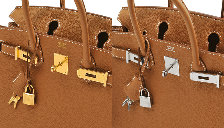 The color of the metal hardware affects the overall impression of the bag.