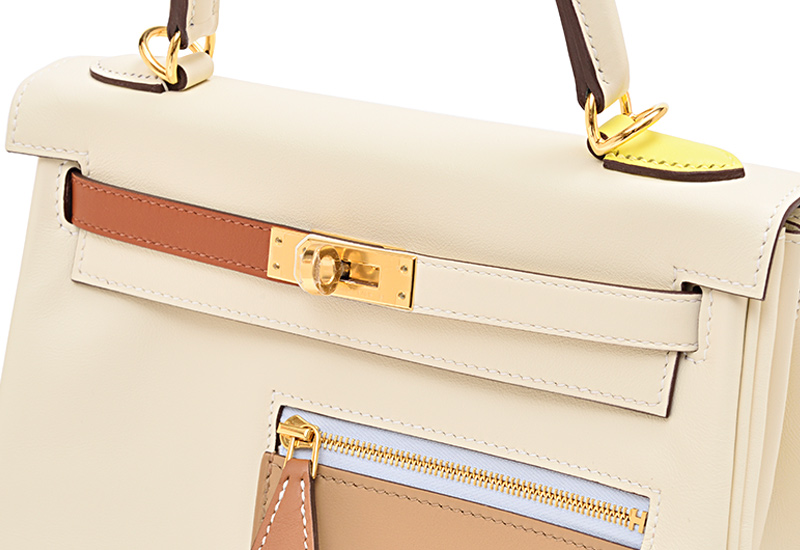 HERMES　Kelly Colormatic bag 25　Retourne　Nata/Cuivre/Lime/Mauve sylvestre/Blue brume　Swift leather　Gold hardware