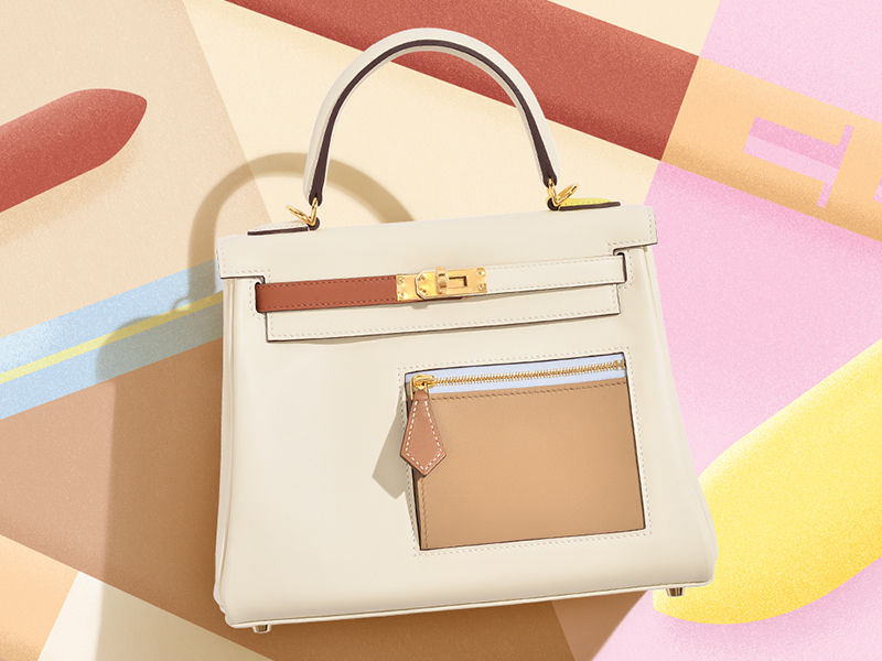 HERMES Kelly Colormatic bag 25 Retourne Nata/Cuivre/Lime/Mauve sylvestre/Blue brume Swift leather Gold hardware