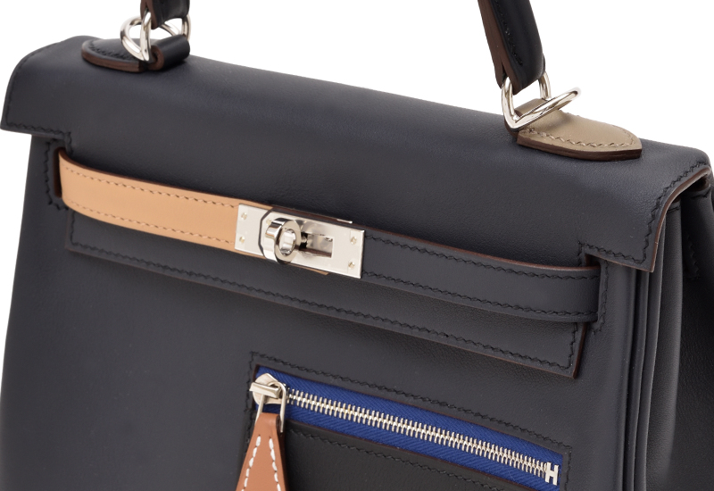 HERMES　Kelly Colormatic bag 25　Retourne　Blue/Black/Chai/Etoupe grey/Gold　Swift leather　Silver hardware