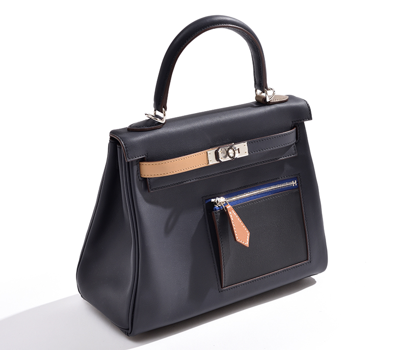 HERMES　Kelly Colormatic bag 25　Retourne　Blue/Black/Chai/Etoupe grey/Gold　Swift leather　Silver hardware