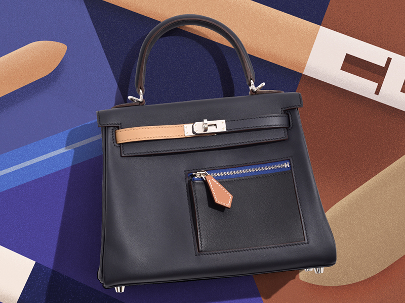 HERMES　Kelly Colormatic bag 25　Retourne　Blue/Black/Chai/Etoupe grey/Gold　Swift leather　Silver hardware