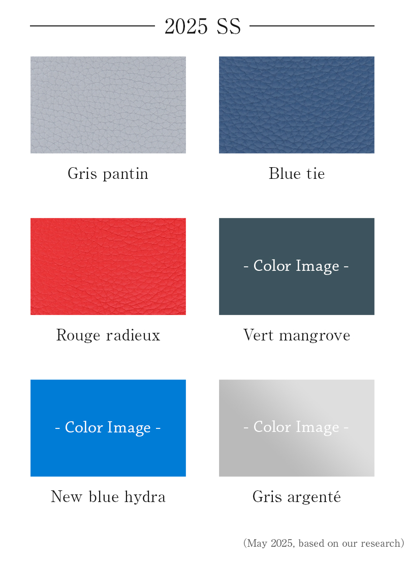 Introducing the latest colors of Hermes 2024. Blue tie, Blue tie, Rouge radieux, Vert mangrove, New blue hydra, Gris argenté