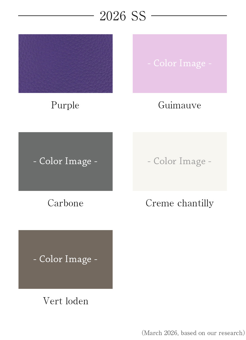 Introducing the latest colors of Hermès 2026. Purple, Guimauve, Carbone, Creme chantilly, Vert loden